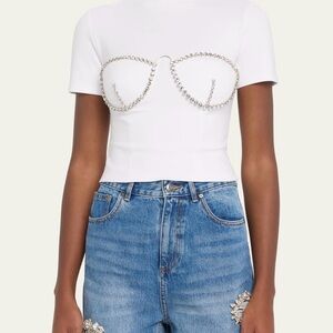 AREA White Crystal Embellished Short Sleeve Top